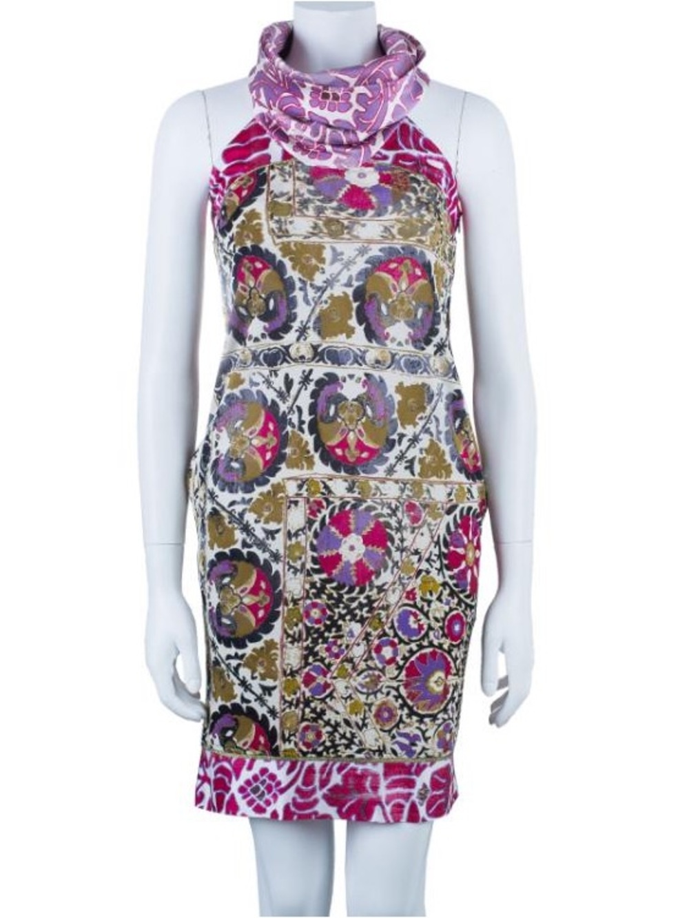 Roberto Cavalli Pink and Gold Patterned Cowl-Neck Mini Dress